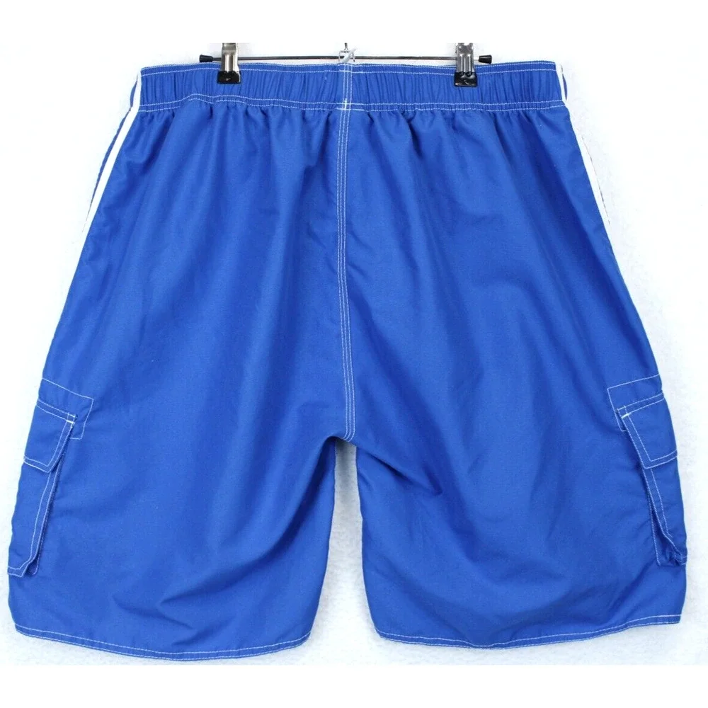 Nonwe Cargo Swim Trunks Men 38 Drawstring White Side Stripe Blue Beach Shorts